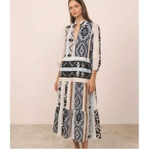 Sofia Made in Italy Southwestern Geometric Tiered Bohemian Dress Women Med Blue